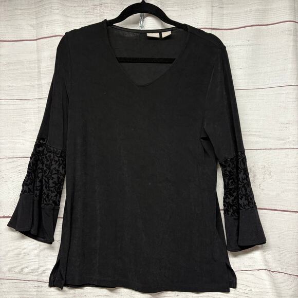 Chico’s Tops - Chico’s Travelers Black Velvet Burnout Lace Bell Sleeve Top Blouse size 1 US M/8